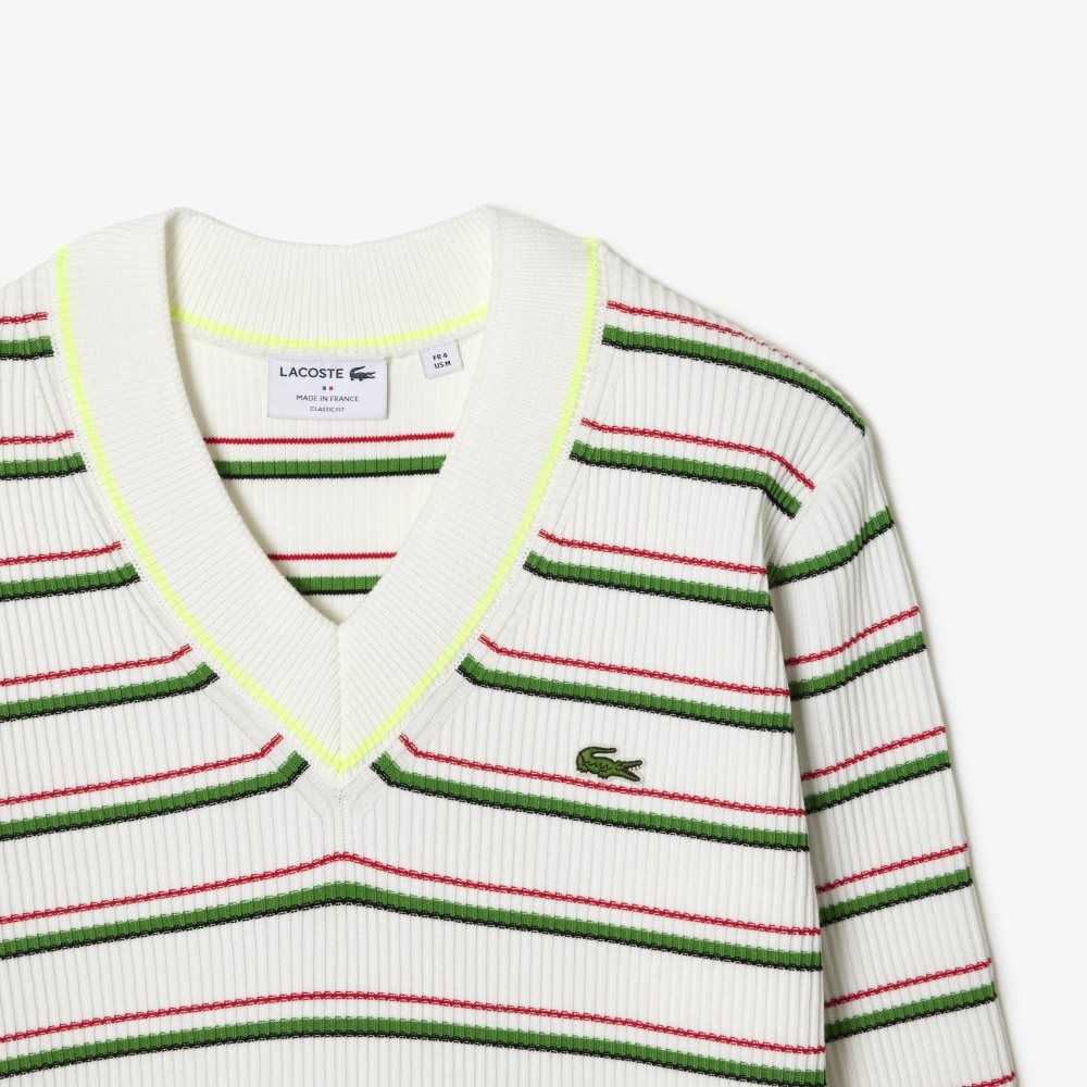 White Lacoste Striped French Made V-Neck Sweater | NZSHBD-731