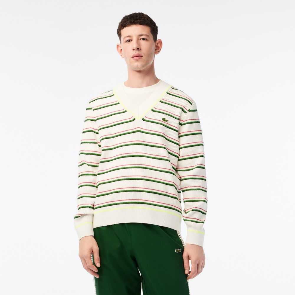 White Lacoste Striped French Made V-Neck Sweater | NZSHBD-731