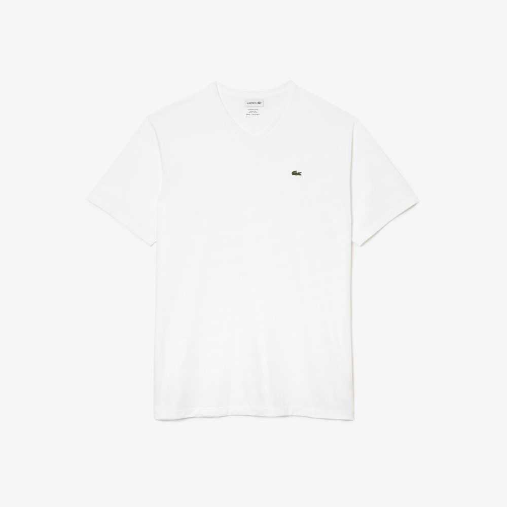 White Lacoste Tall Fit Ribbed V-Neck Cotton Polo Shirt | DIXKVS-054