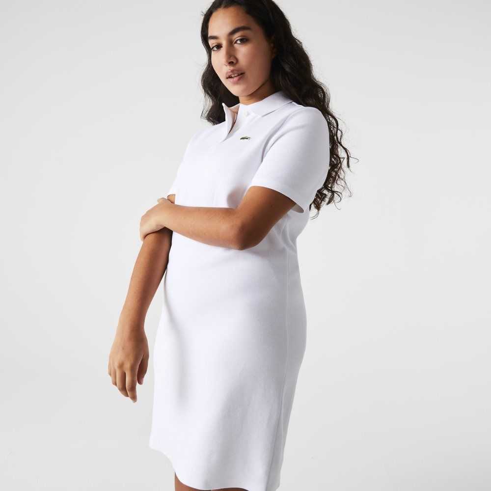 White Lacoste Trumpet Sleeve Pique Polo Dress | ELBGIY-931