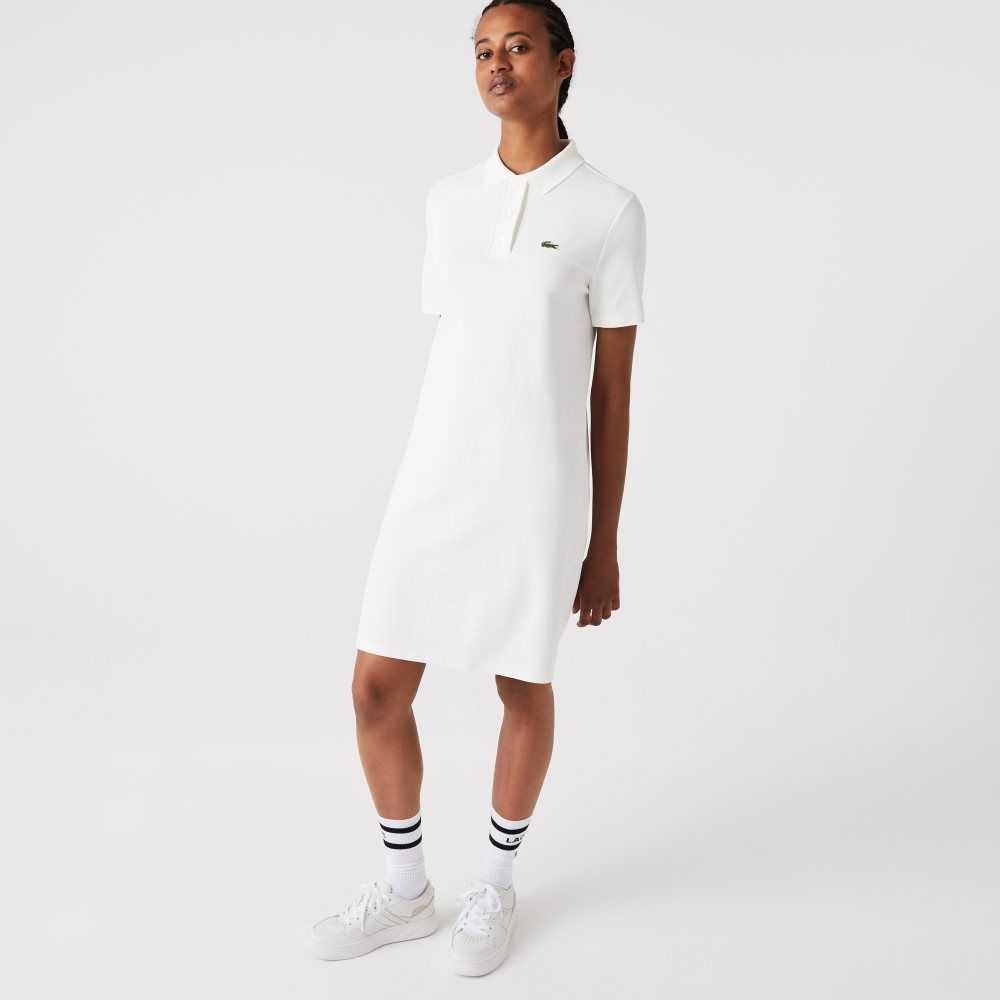 White Lacoste Trumpet Sleeve Pique Polo Dress | TPCNYD-793