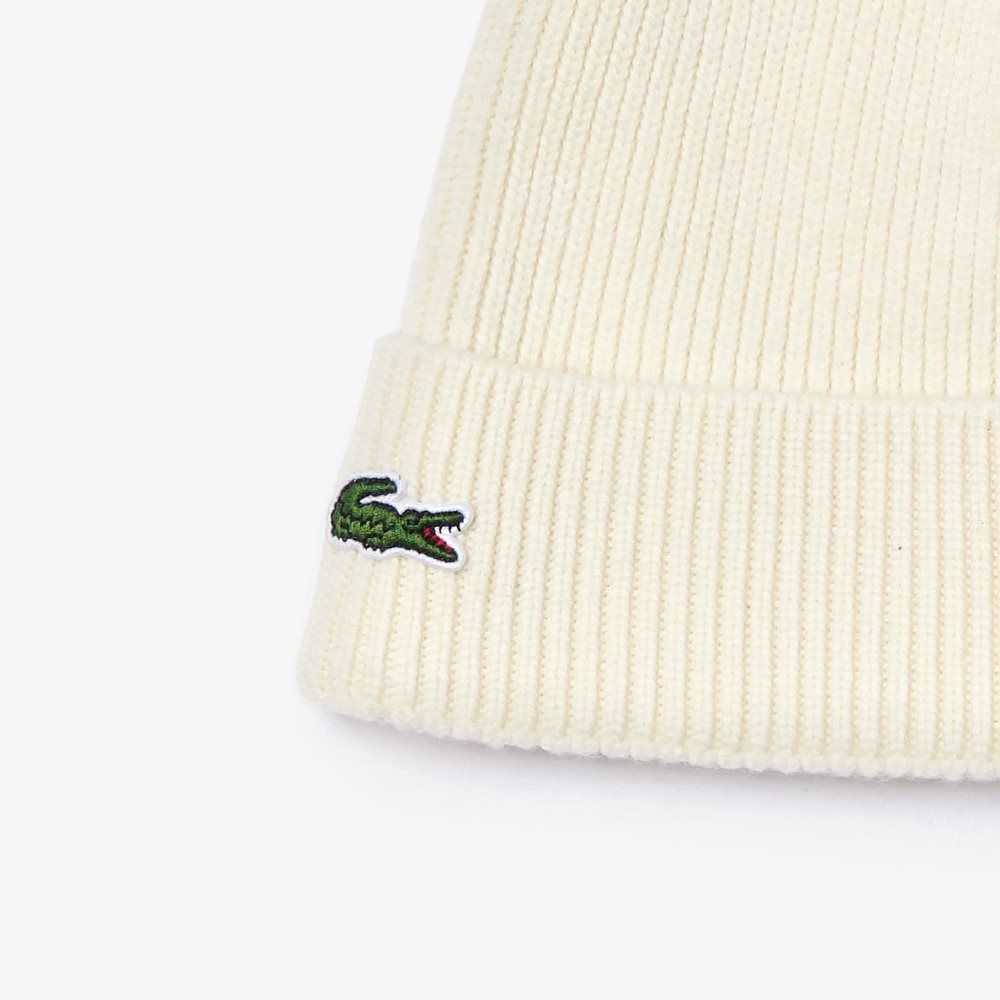 White Lacoste Turned Edge Ribbed Wool Beanie | YEMTBI-201