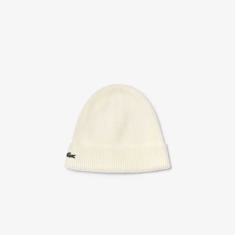 White Lacoste Turned Edge Ribbed Wool Beanie | YEMTBI-201