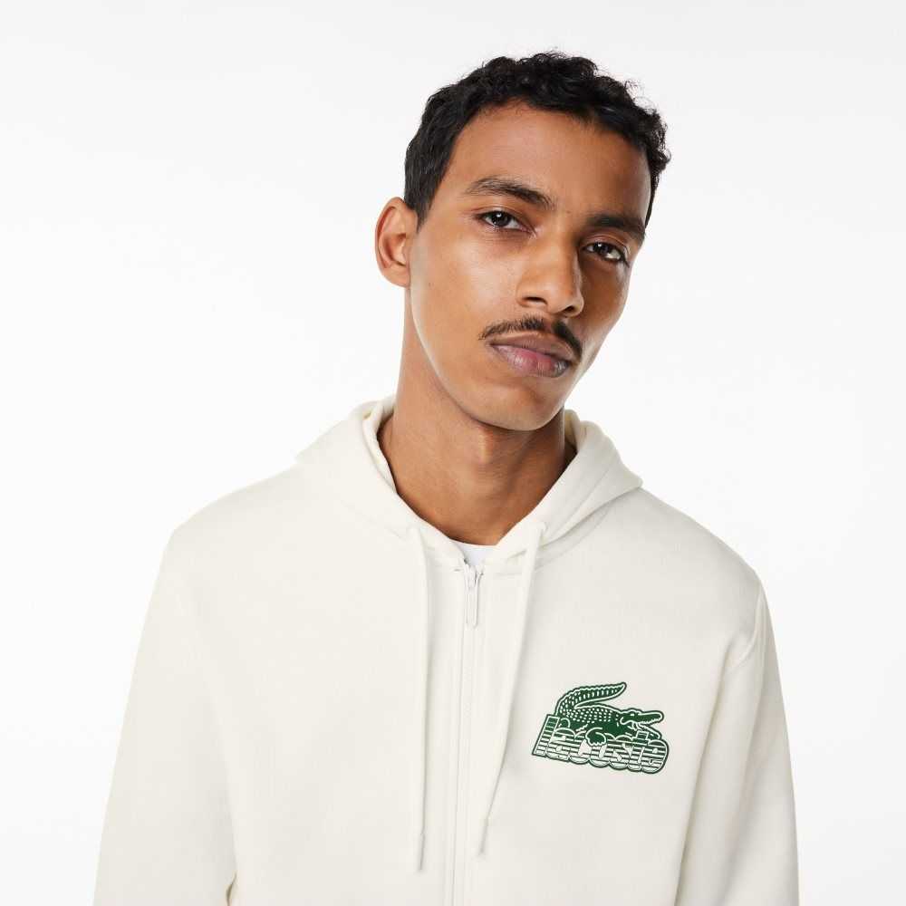 White Lacoste Unbrushed Fleece Zipped Hoodie | SUEPRQ-562