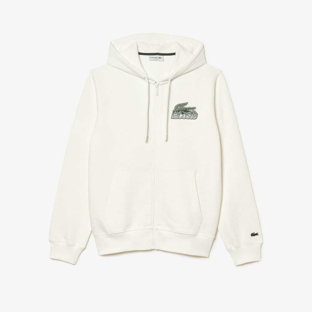 White Lacoste Unbrushed Fleece Zipped Hoodie | SUEPRQ-562