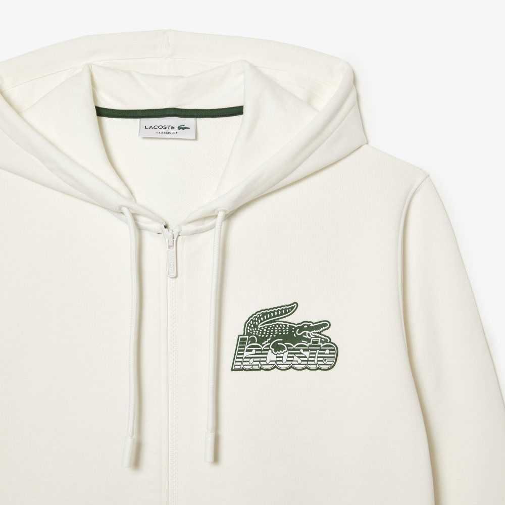 White Lacoste Unbrushed Fleece Zipped Hoodie | SUEPRQ-562