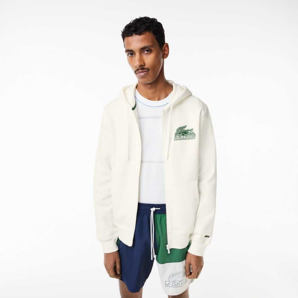 White Lacoste Unbrushed Fleece Zipped Hoodie | SUEPRQ-562