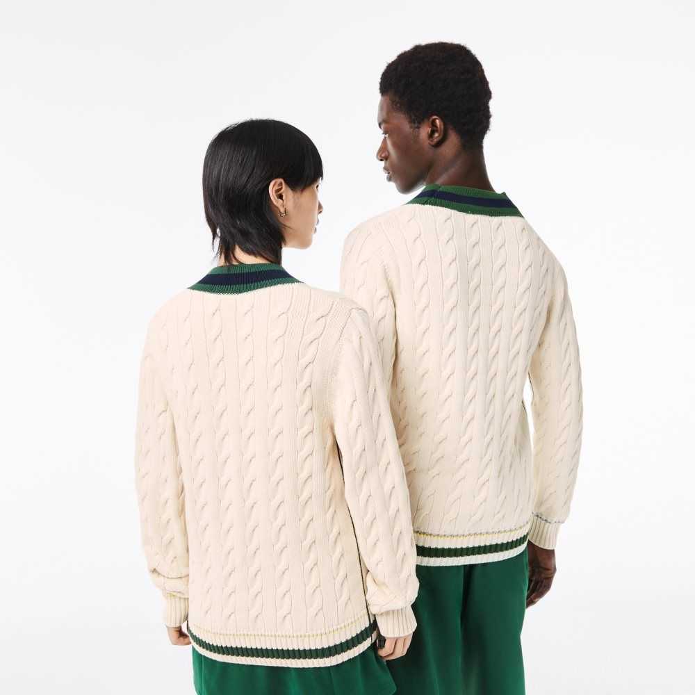 White Lacoste V-Neck Cable Knit Sweater in Organic Cotton | LQEUPB-498