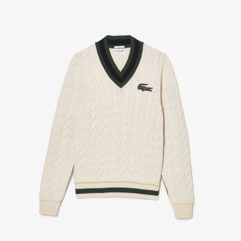 White Lacoste V-Neck Cable Knit Sweater in Organic Cotton | LQEUPB-498