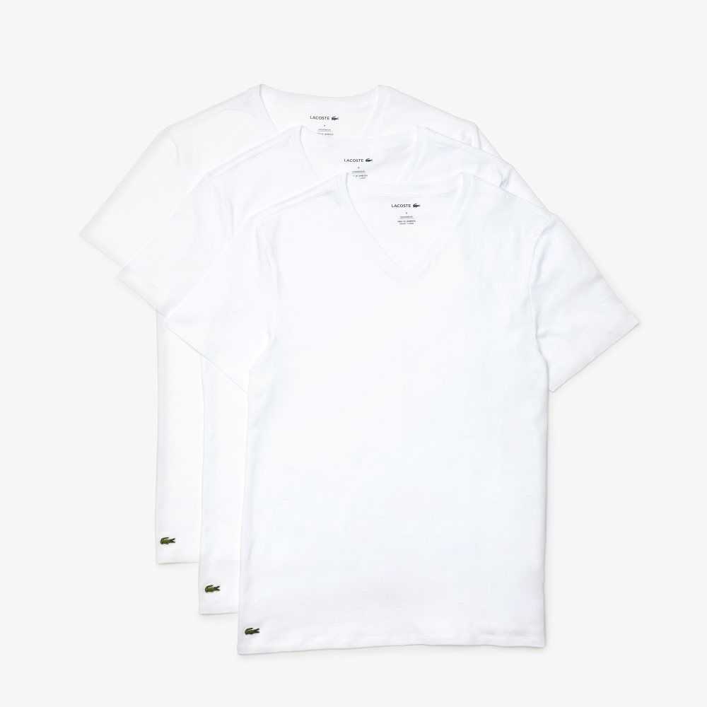 White Lacoste V-Neck Cotton Lounge T-Shirt 3-Pack | UBAHFY-472