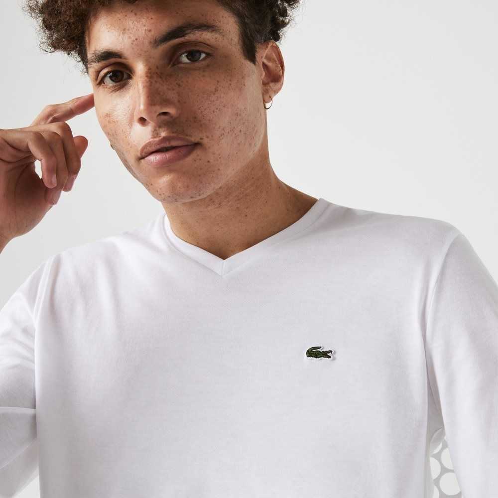 White Lacoste V-Neck Lightweight Pima Cotton Jersey T-Shirt | PKUVHE-365