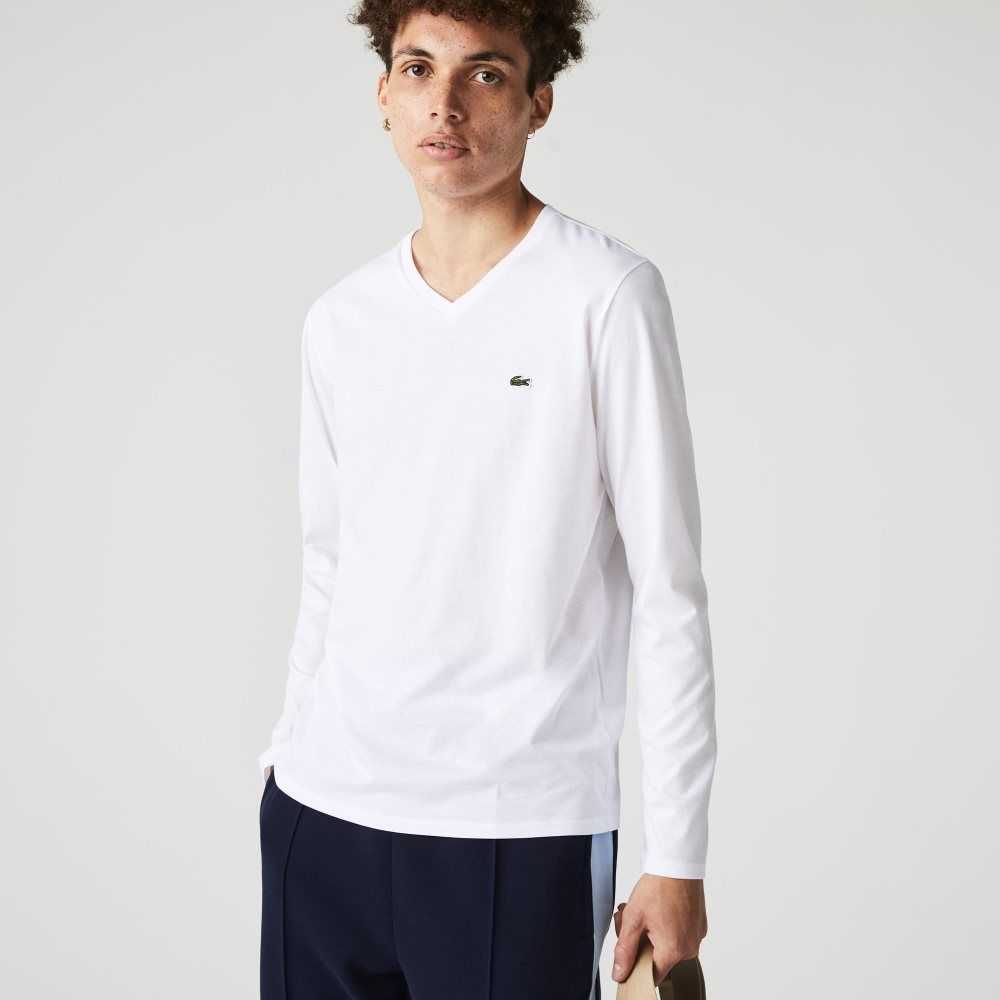 White Lacoste V-Neck Lightweight Pima Cotton Jersey T-Shirt | PKUVHE-365