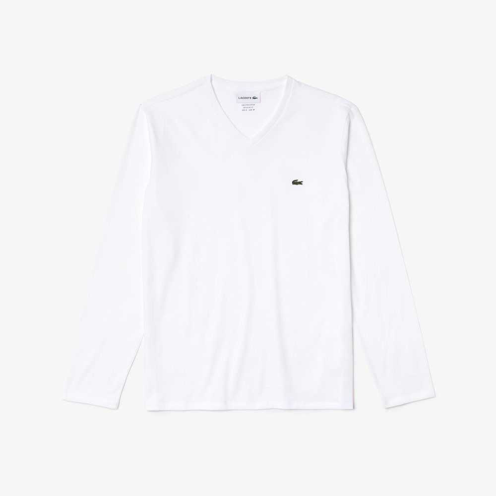 White Lacoste V-Neck Lightweight Pima Cotton Jersey T-Shirt | PKUVHE-365