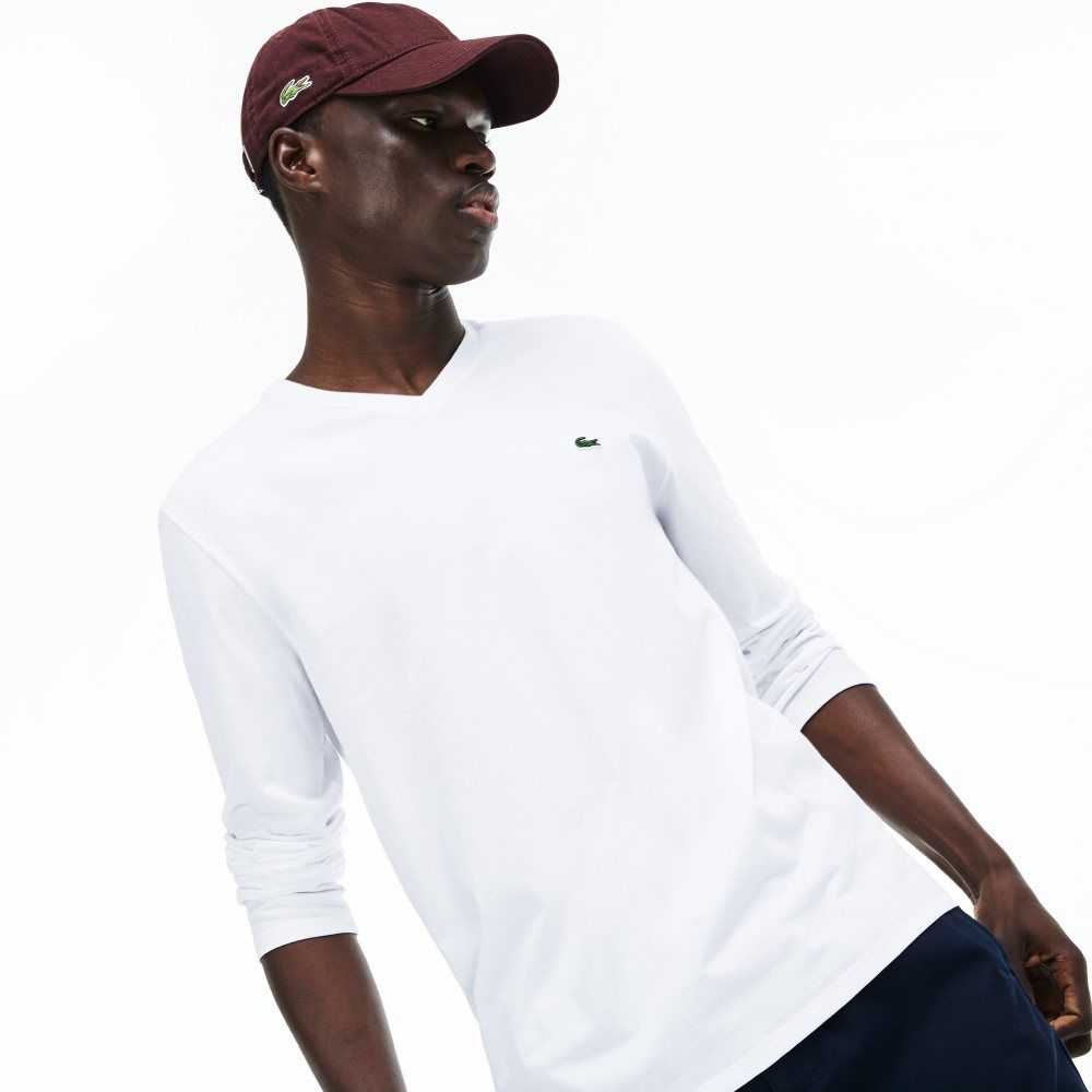 White Lacoste V-Neck Lightweight Pima Cotton Jersey T-Shirt | PKUVHE-365