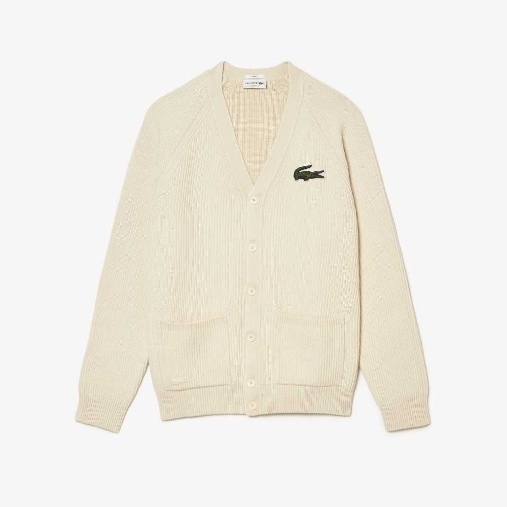 White Lacoste V-Neck Organic Cotton Cardigan | VAGLSE-865