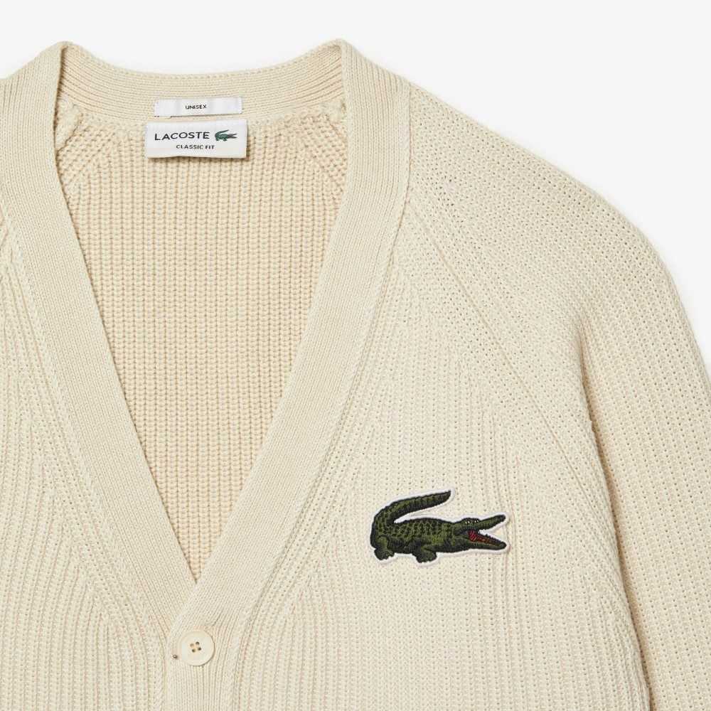 White Lacoste V-Neck Organic Cotton Cardigan | VAGLSE-865