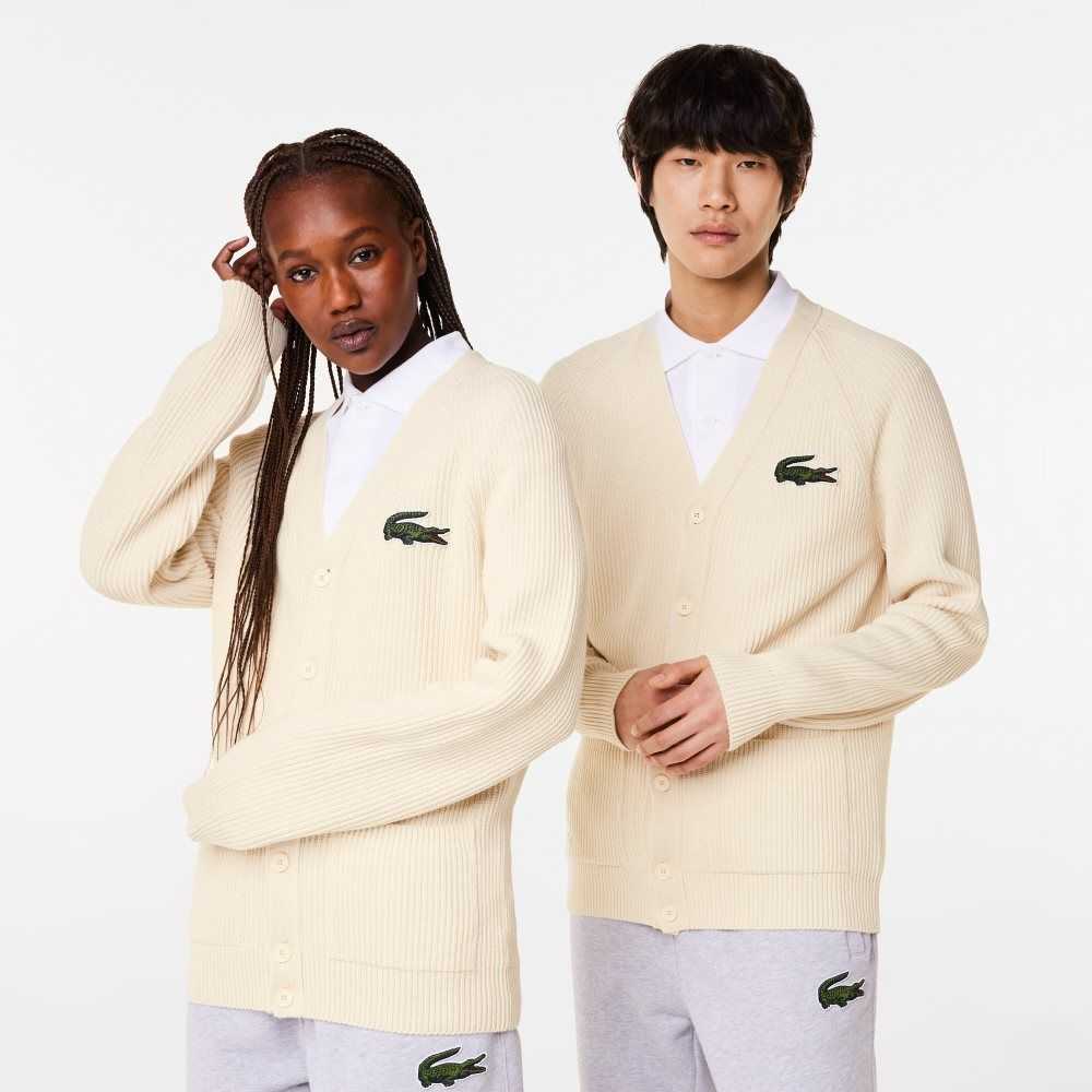 White Lacoste V-Neck Organic Cotton Cardigan | VAGLSE-865