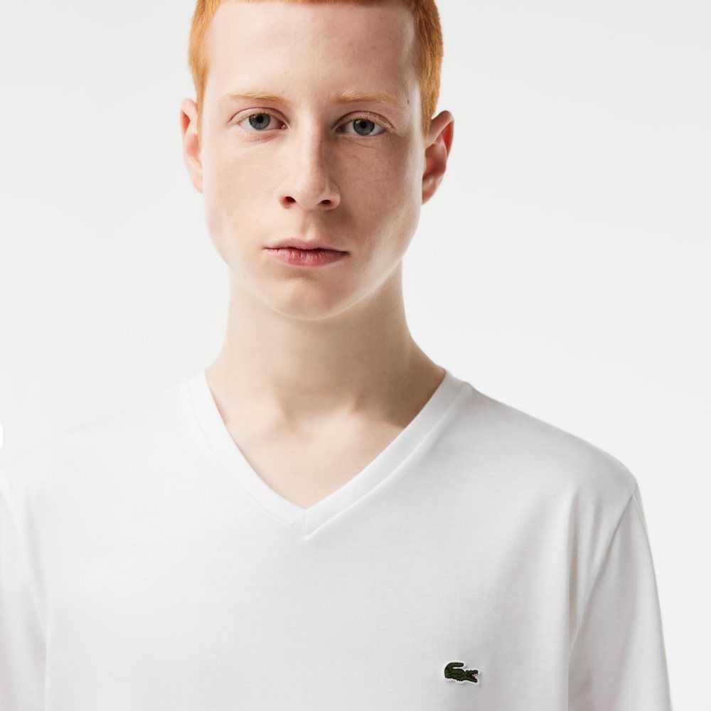 White Lacoste V-Neck Pima Cotton Jersey T-Shirt | QRZTSF-683