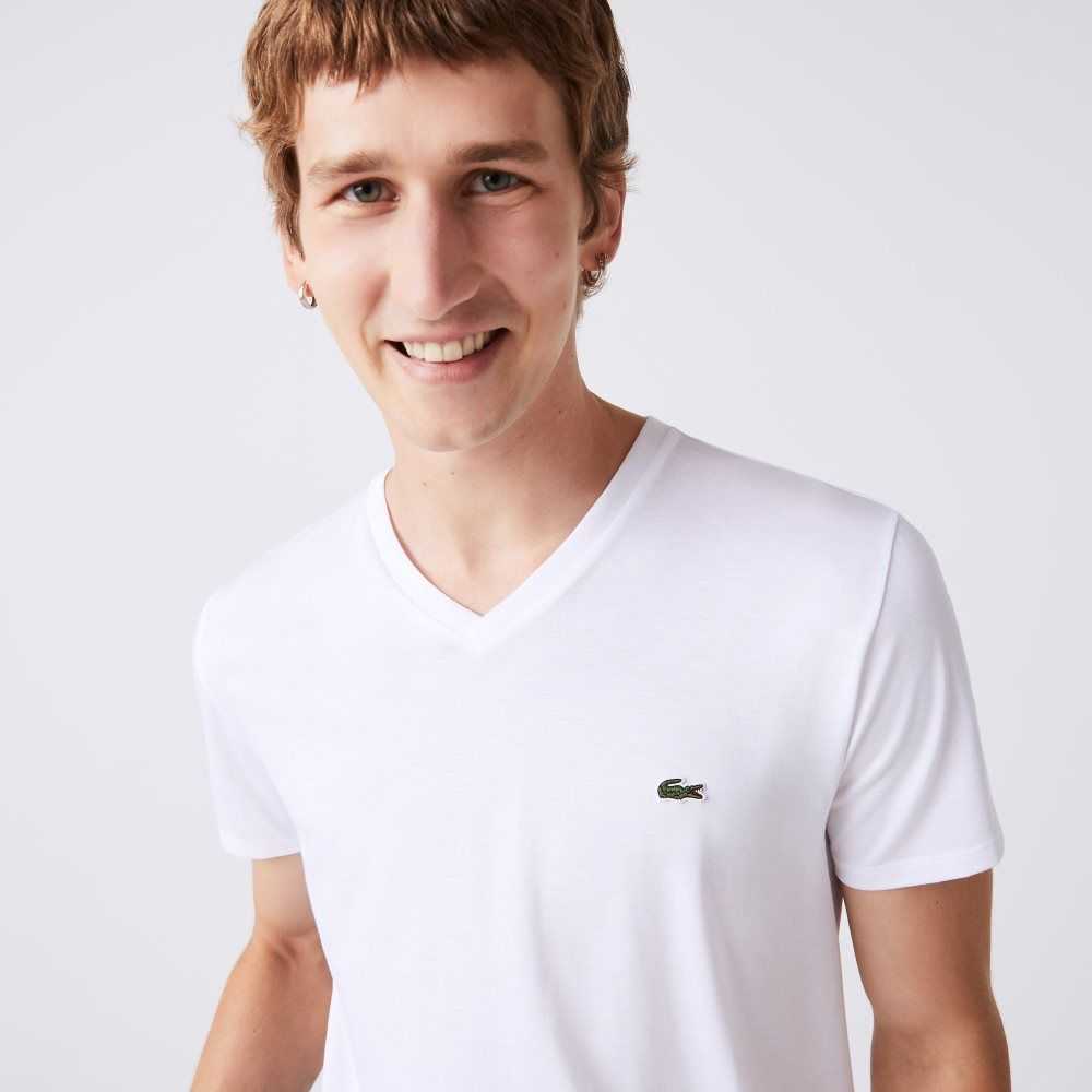 White Lacoste V-Neck Pima Cotton Jersey T-Shirt | QRZTSF-683