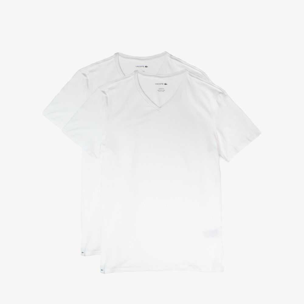 White Lacoste V-neck Cotton Lounge T-shirt 2-Pack | ERQZDV-467