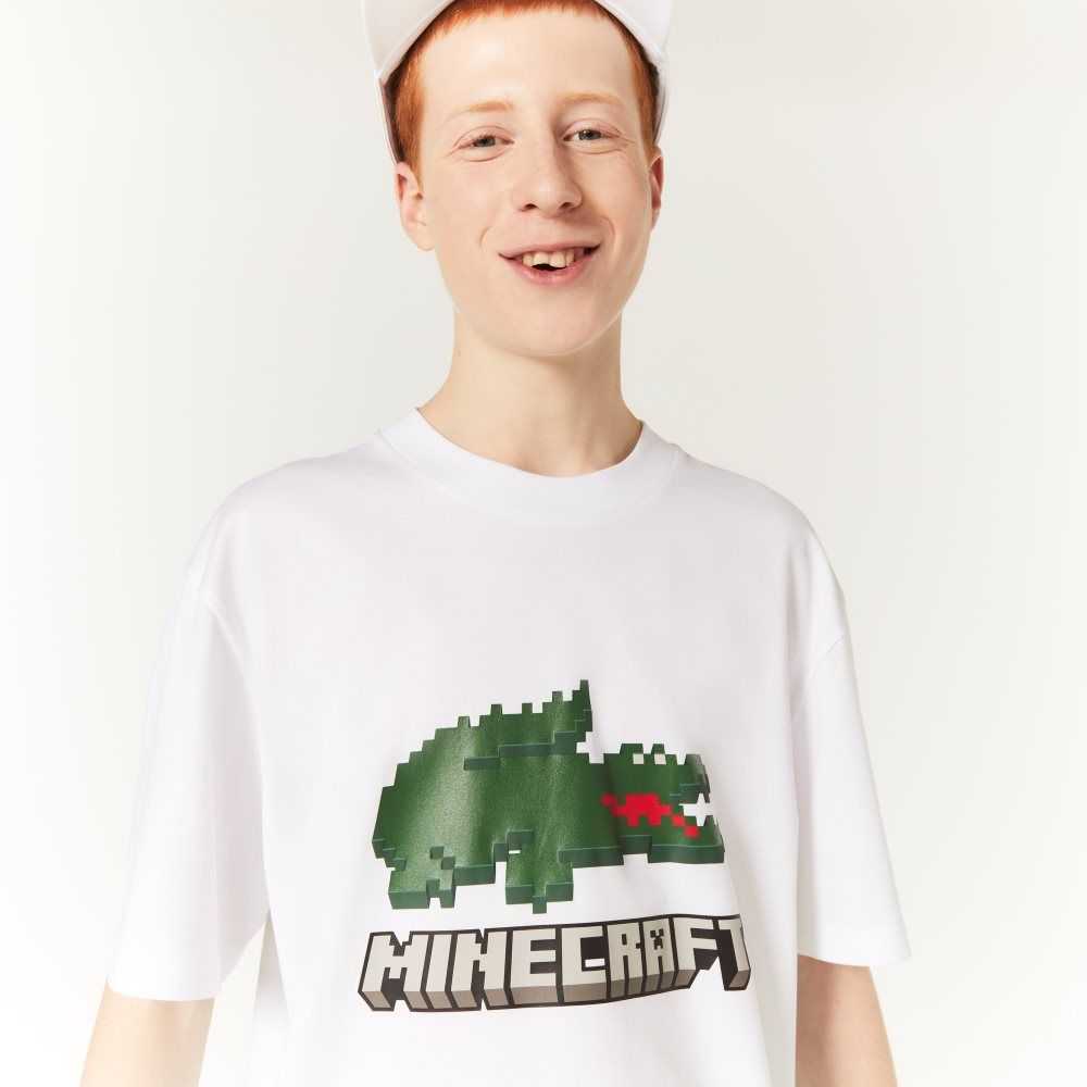 White Lacoste x Minecraft Print Organic Cotton T-Shirt | SEIPQZ-471