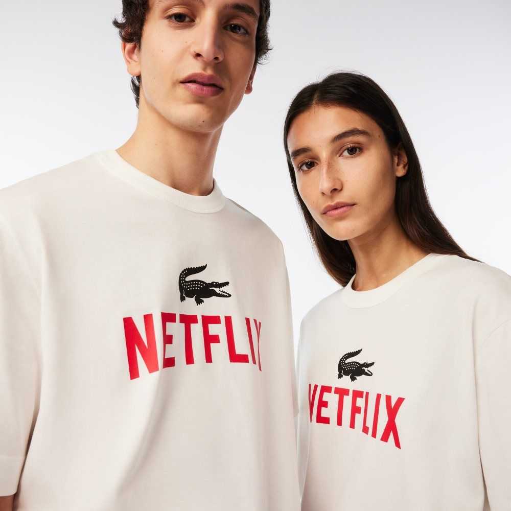 White Lacoste x Netflix Loose Fit Organic Cotton T-Shirt | BXLWQH-673