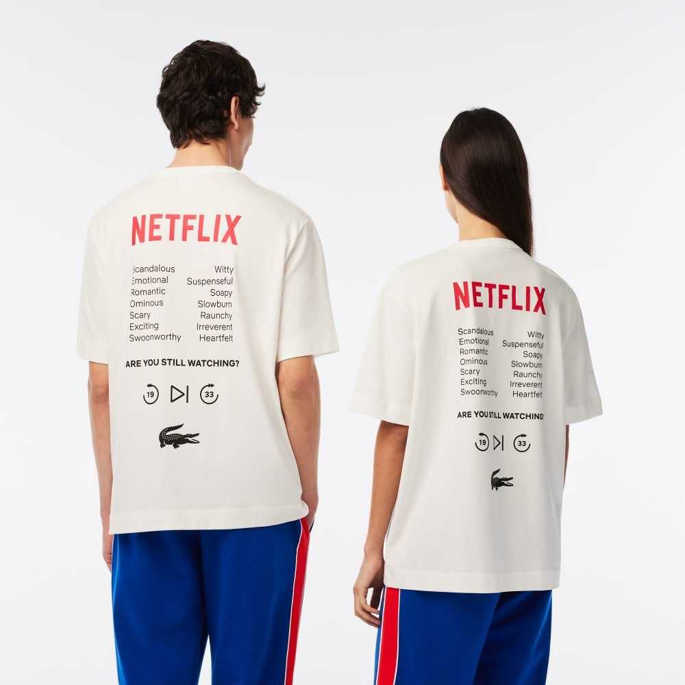 White Lacoste x Netflix Loose Fit Organic Cotton T-Shirt | BXLWQH-673