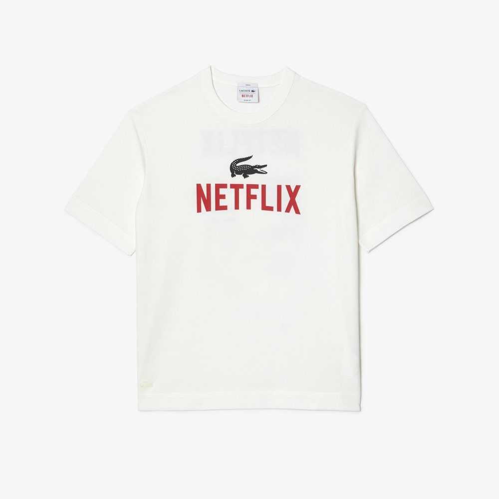 White Lacoste x Netflix Loose Fit Organic Cotton T-Shirt | BXLWQH-673