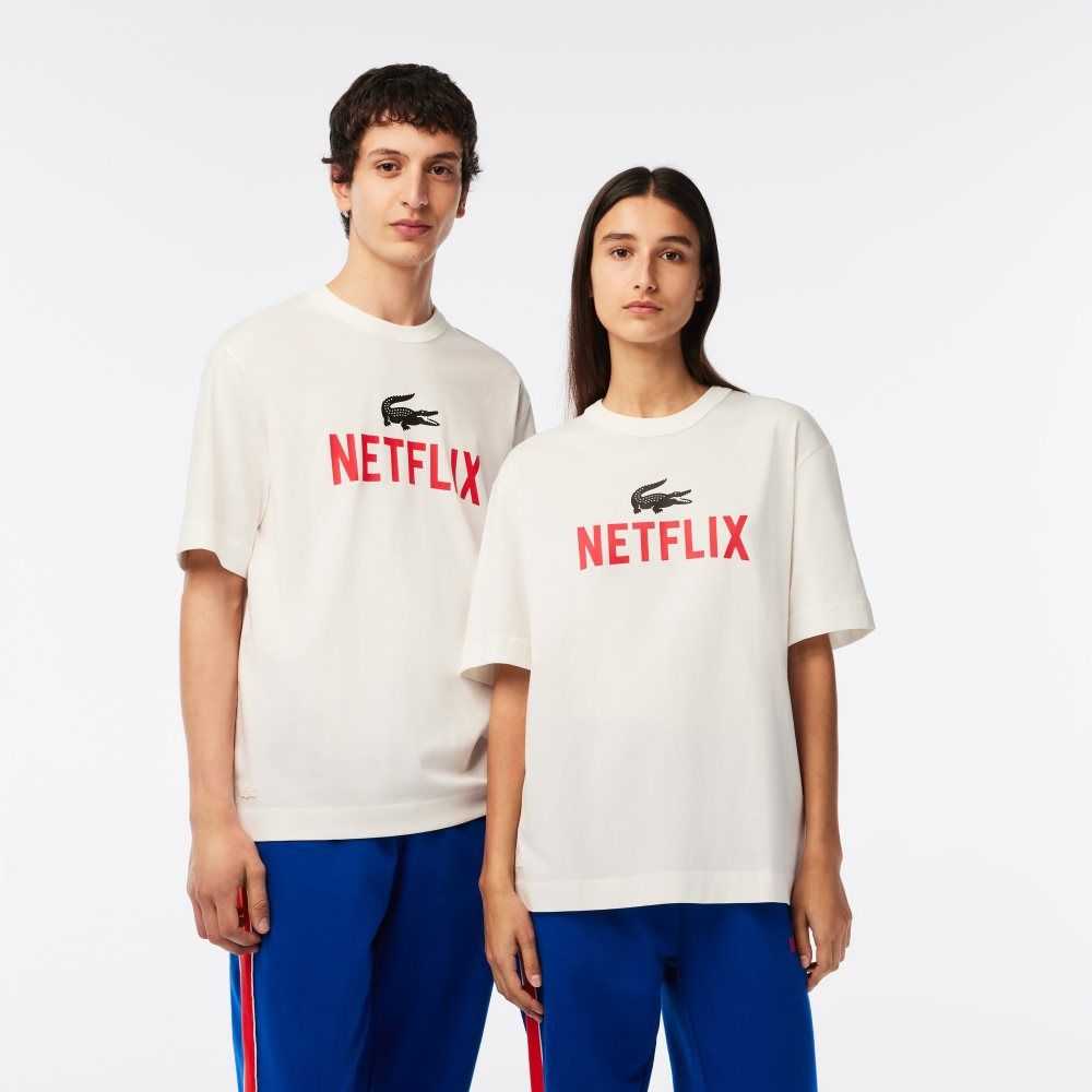 White Lacoste x Netflix Loose Fit Organic Cotton T-Shirt | BXLWQH-673