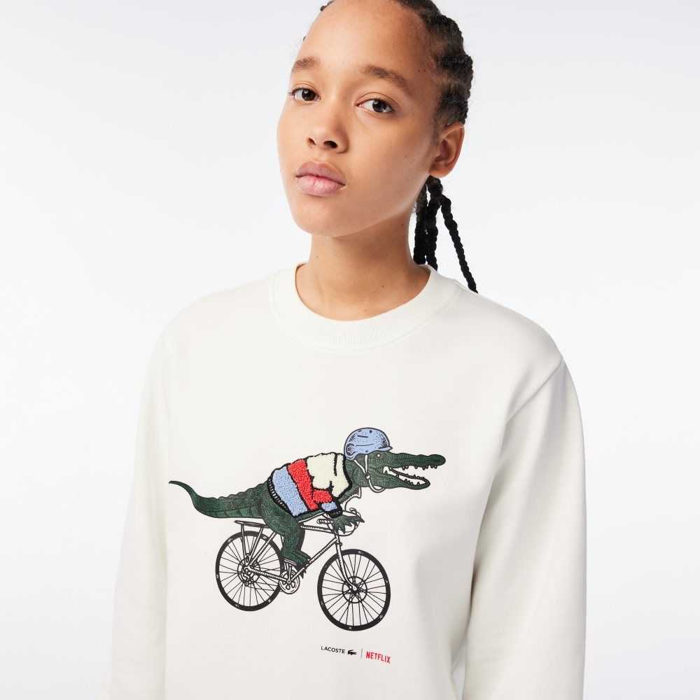 White Lacoste x Netflix Loose Fit Organic Cotton Fleece Sweatshirt | JISUNK-905