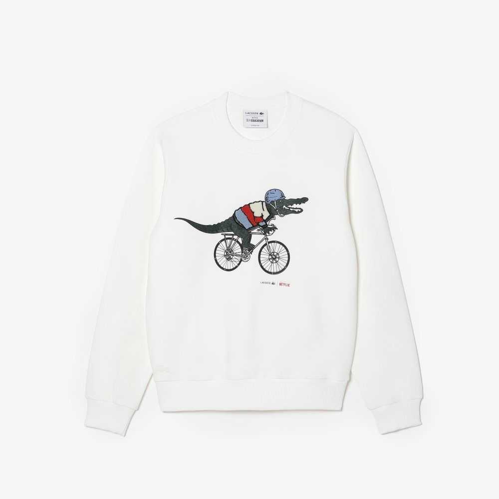 White Lacoste x Netflix Loose Fit Organic Cotton Fleece Sweatshirt | JISUNK-905