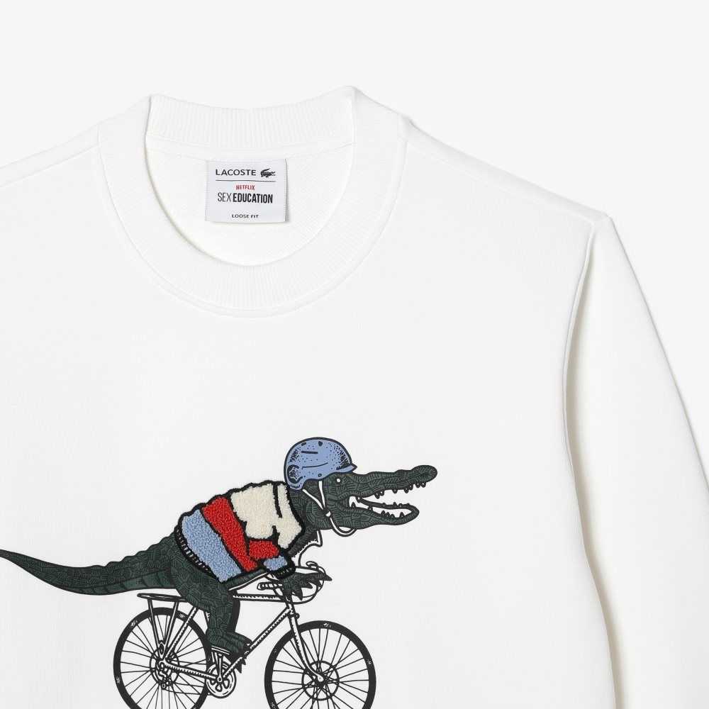 White Lacoste x Netflix Loose Fit Organic Cotton Fleece Sweatshirt | JISUNK-905