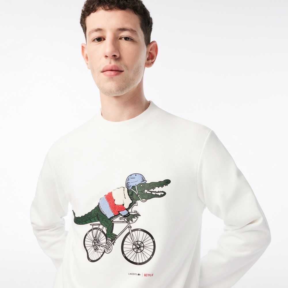 White Lacoste x Netflix Organic Cotton Fleece Print Sweatshirt | FUMSKY-380