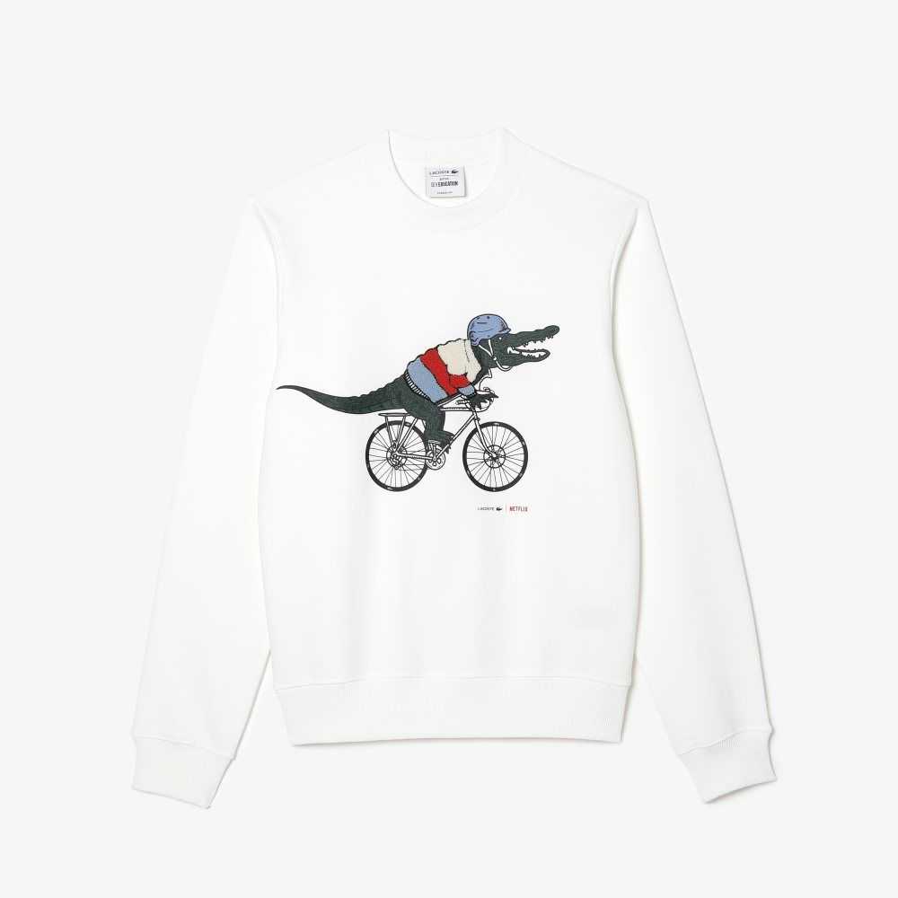 White Lacoste x Netflix Organic Cotton Fleece Print Sweatshirt | FUMSKY-380