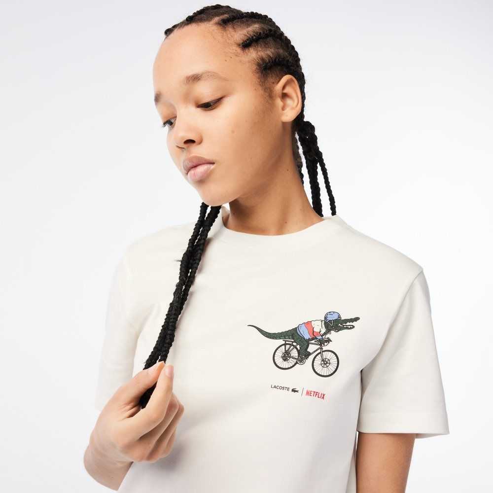 White Lacoste x Netflix Organic Cotton Jersey T-Shirt | ZUWKNO-398