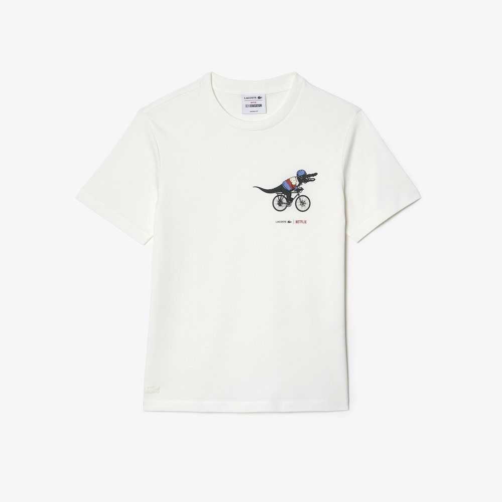 White Lacoste x Netflix Organic Cotton Jersey T-Shirt | ZUWKNO-398