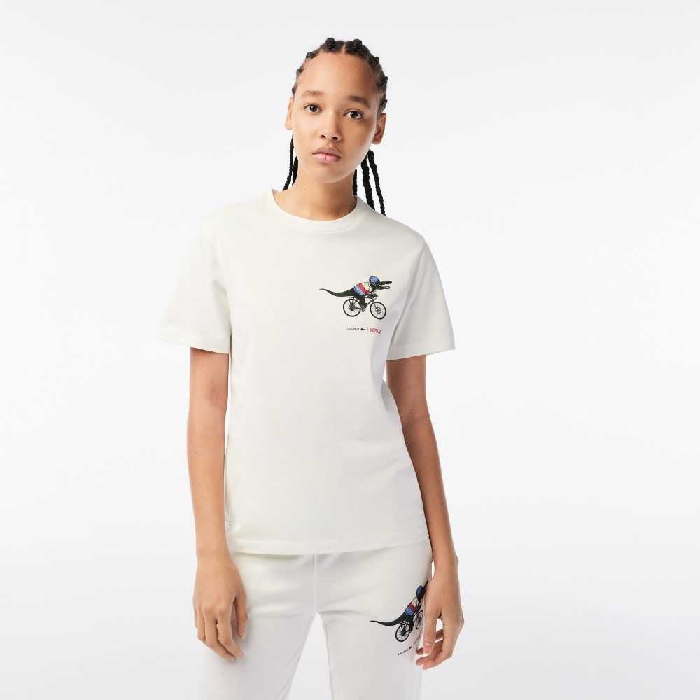 White Lacoste x Netflix Organic Cotton Jersey T-Shirt | ZUWKNO-398