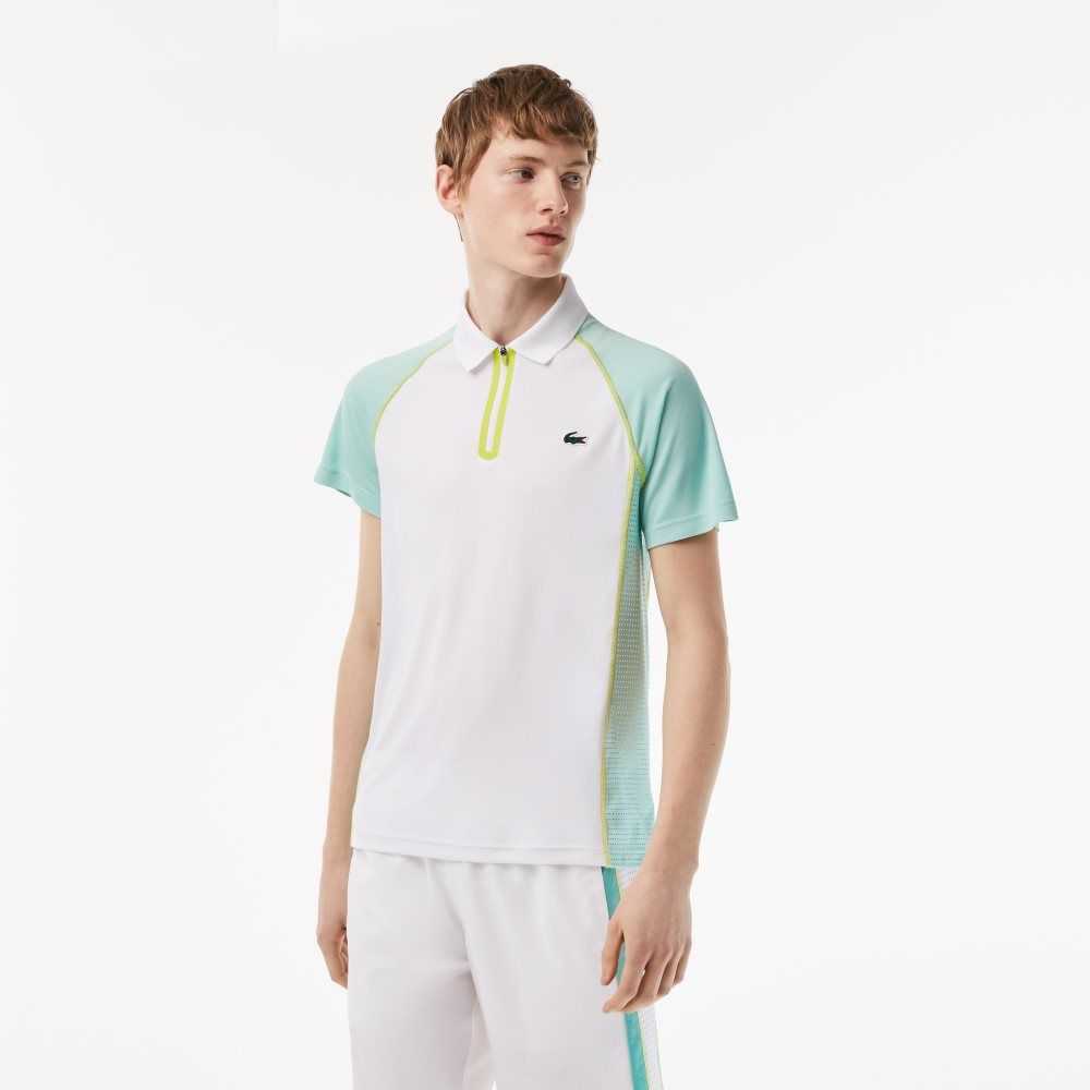 White / Light Green / Yellow Lacoste Tennis Recycled Polyester Polo with Ultra-Dry Technology | MHWRTB-490