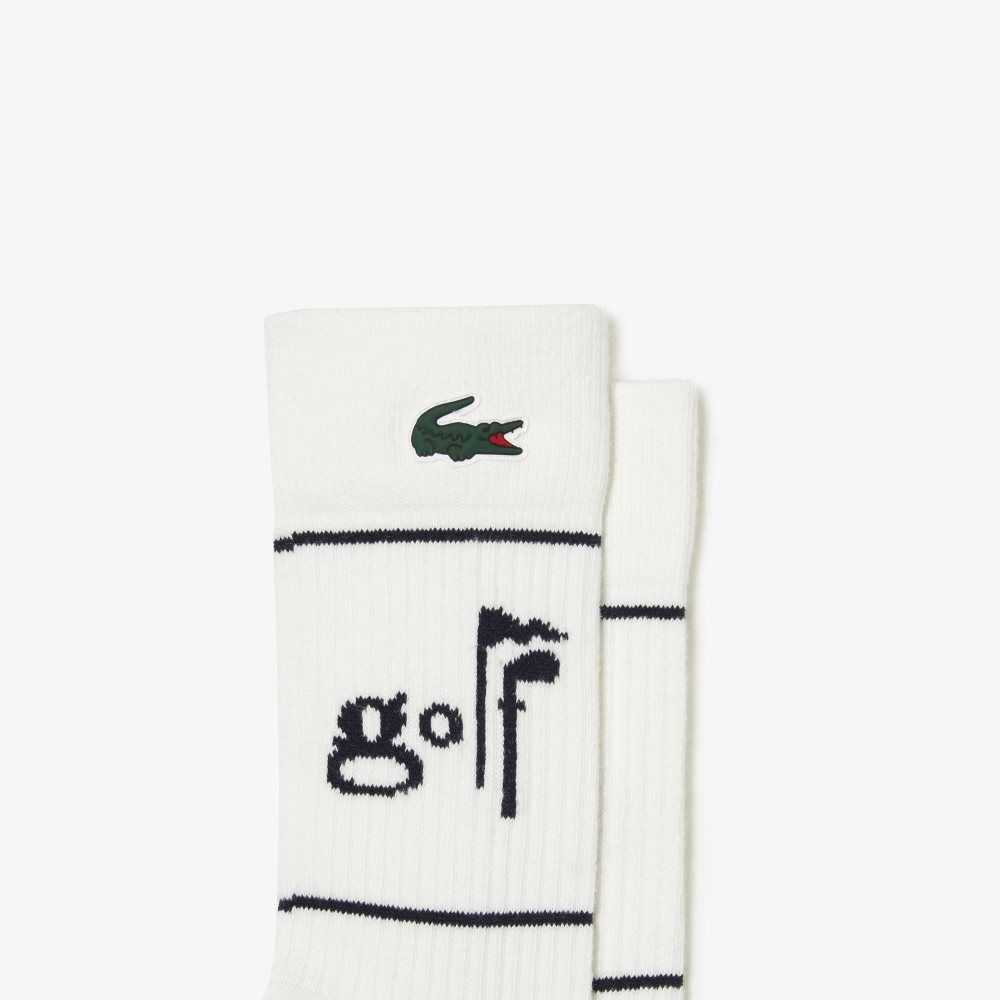 White / Navy Blue Lacoste Golf Lettering Socks | TCPSWV-619