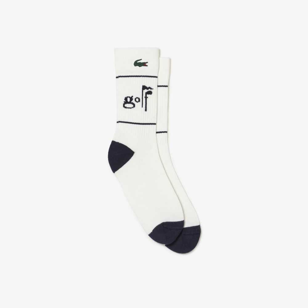 White / Navy Blue Lacoste Golf Lettering Socks | TCPSWV-619