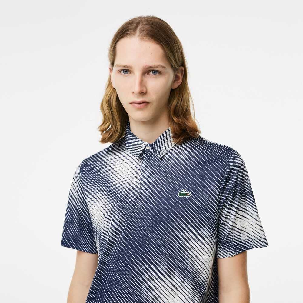 White / Navy Blue Lacoste Golf Printed Recycled Polyester Polo | AYWVEQ-164