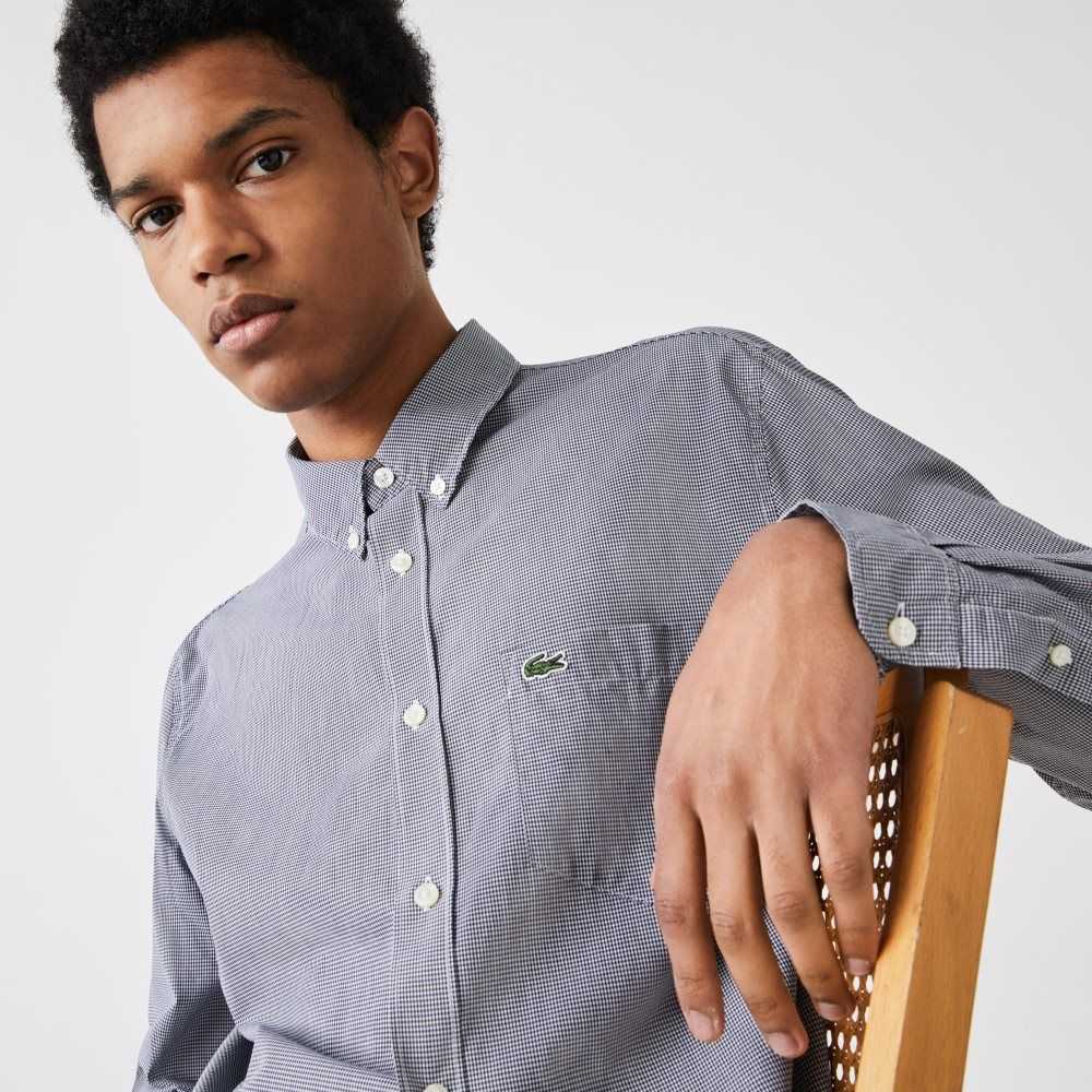 White / Navy Blue Lacoste Regular Fit Cotton Poplin Shirt | BTOXIA-681