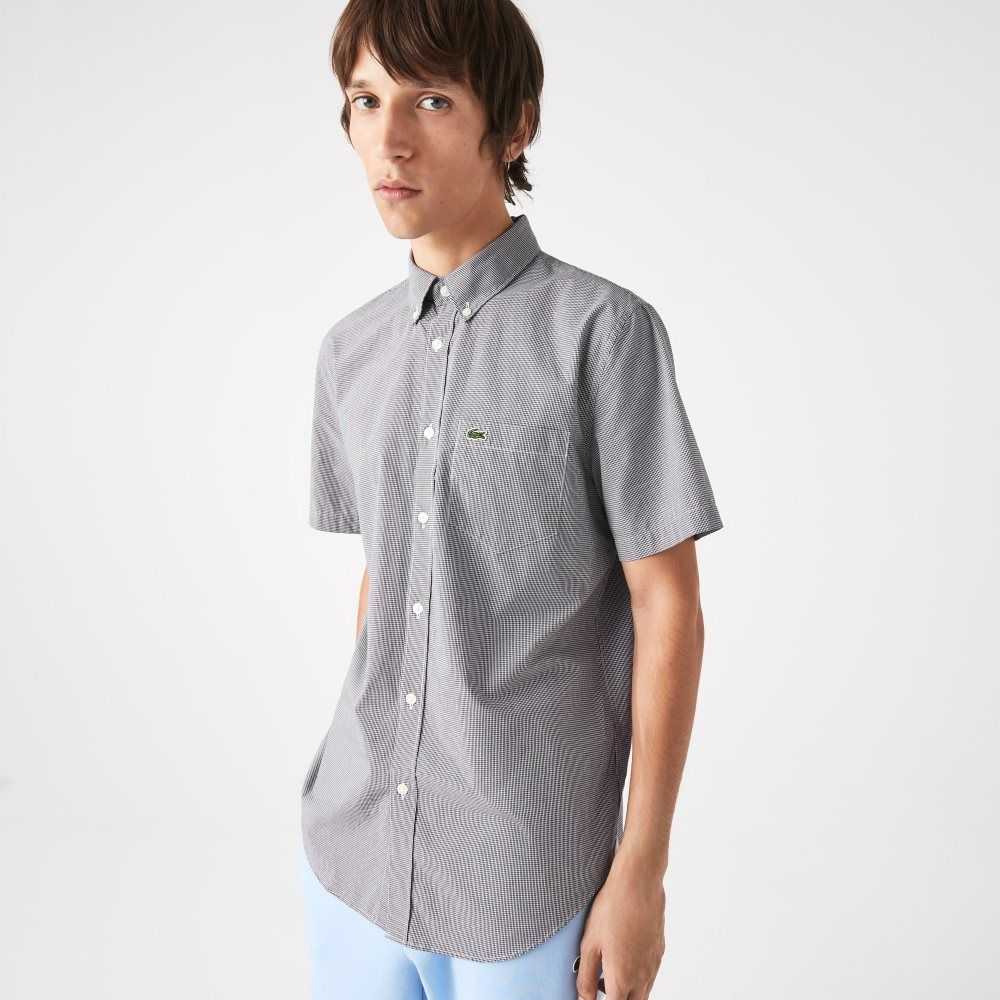 White / Navy Blue Lacoste Regular Fit Gingham Check Shirt | JCWVLD-481