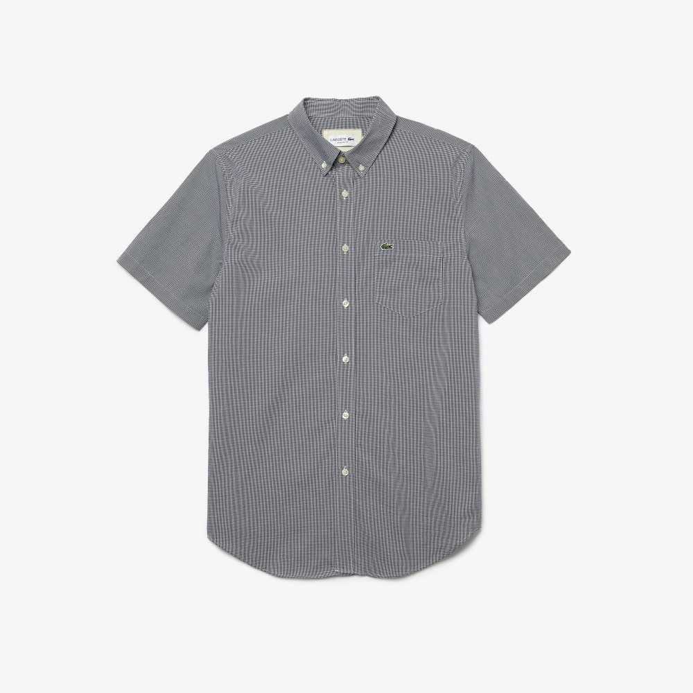 White / Navy Blue Lacoste Regular Fit Gingham Check Shirt | JCWVLD-481