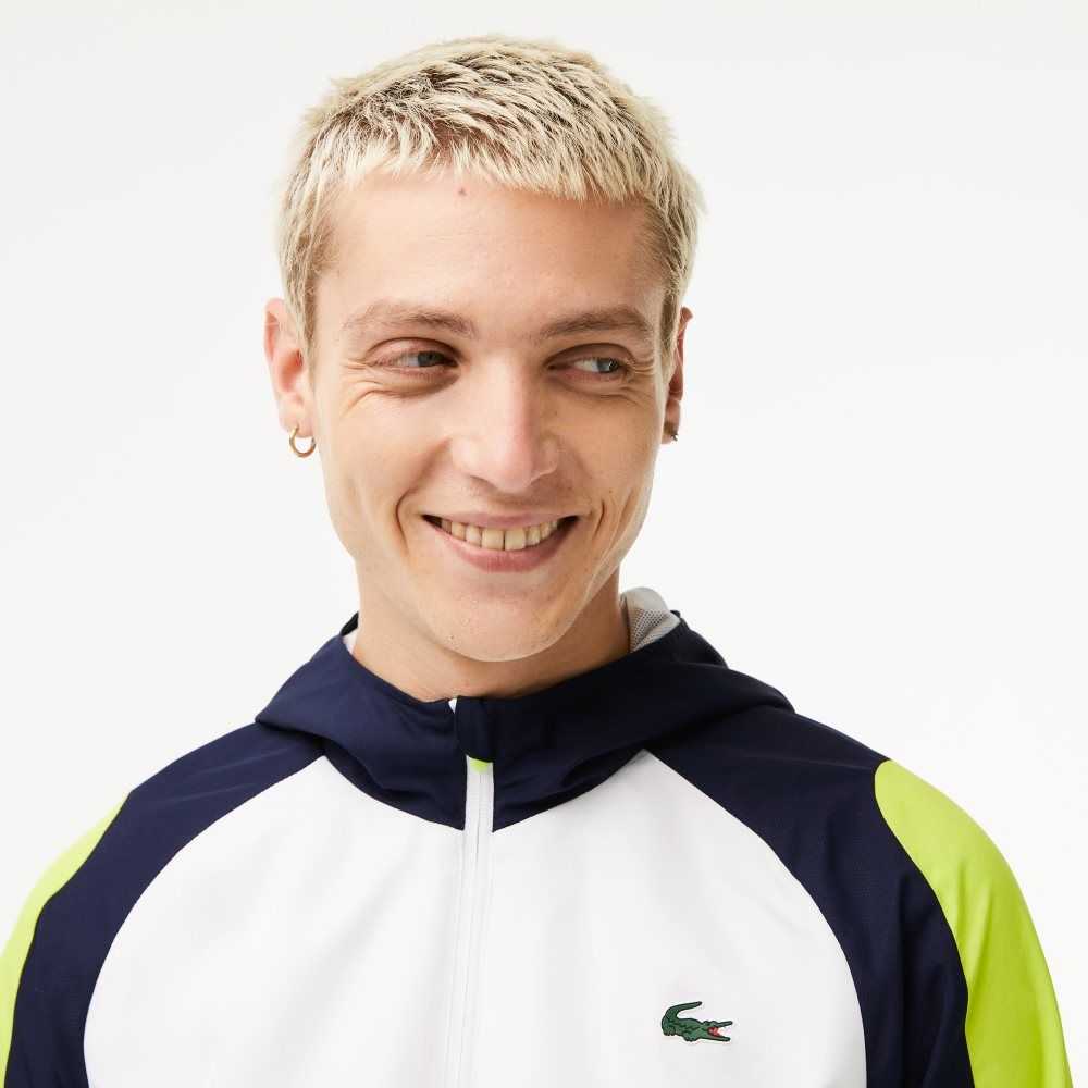 White / Navy Blue / Yellow Lacoste SPORT Color-Block Tennis Jacket | IXZLRN-738