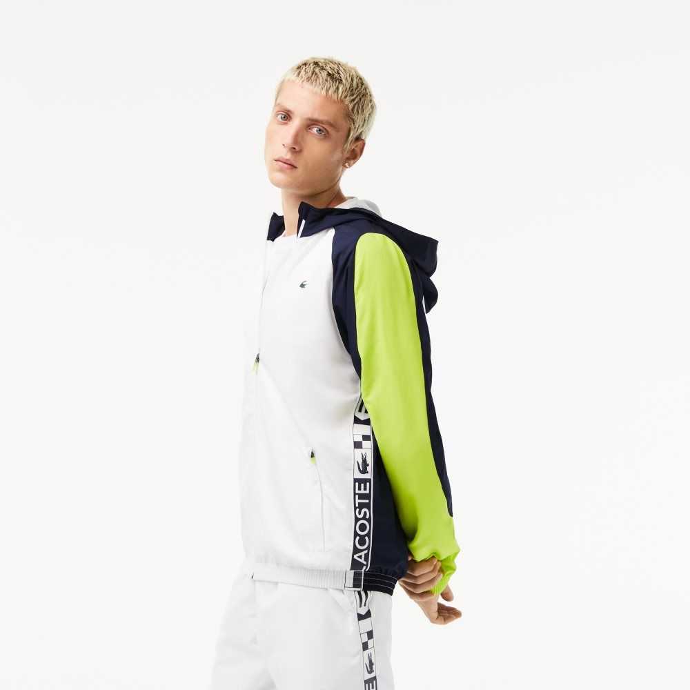 White / Navy Blue / Yellow Lacoste SPORT Color-Block Tennis Jacket | IXZLRN-738