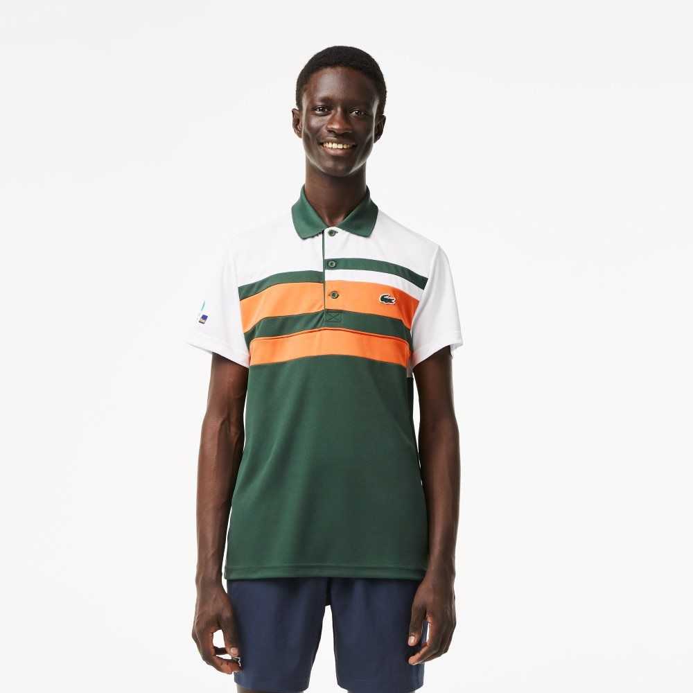 White / Orange / Green Lacoste Sport Miami Open Edition Stripe Polo | GUBYKI-298