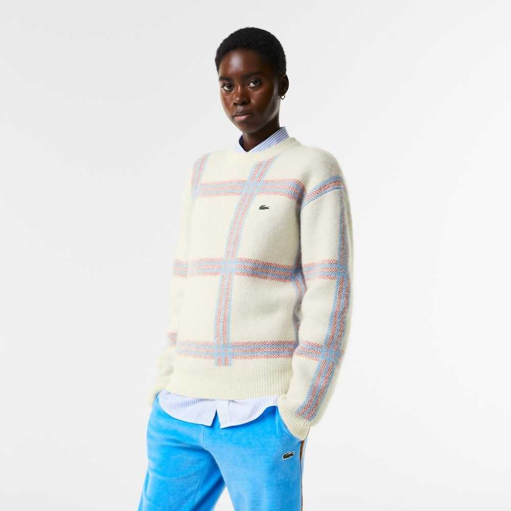 White / Red / Blue Lacoste Relaxed Fit Tartan Pattern Wool Blend Sweater | ILOXYR-187