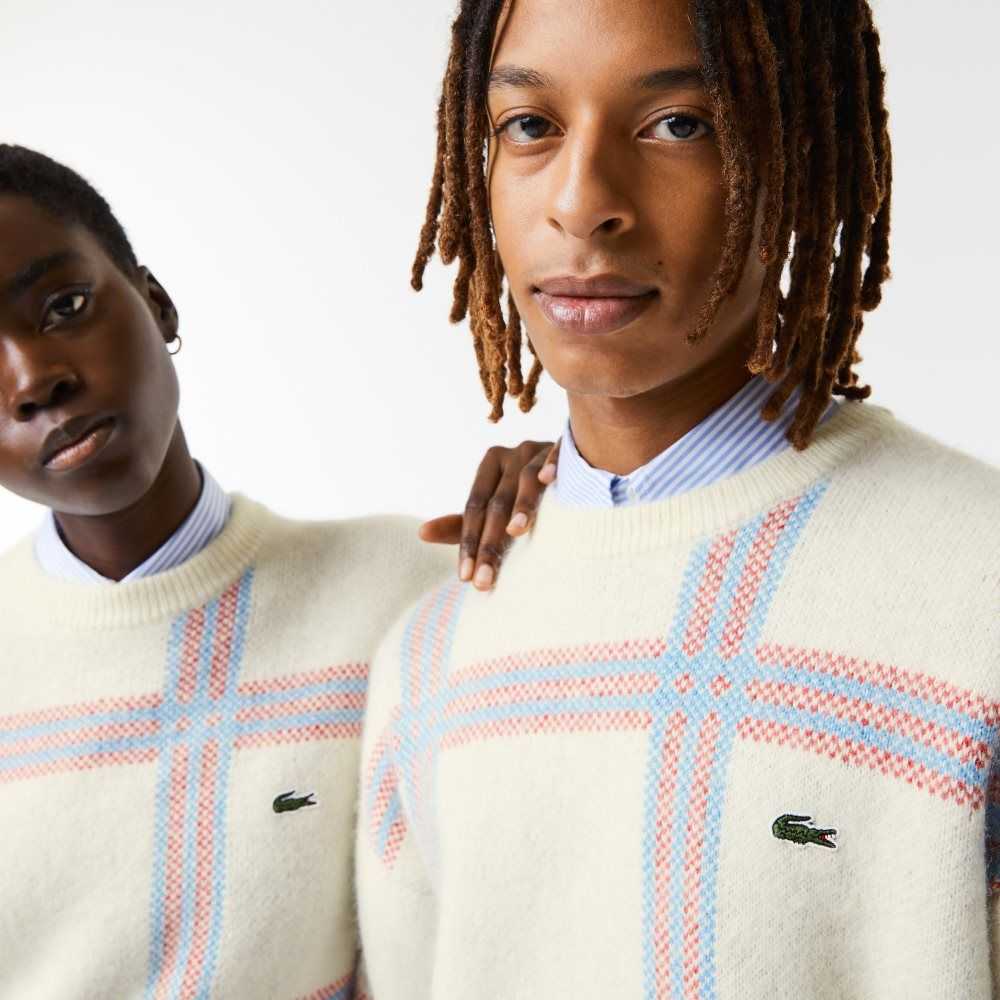 White / Red / Blue Lacoste Relaxed Fit Tartan Pattern Wool Blend Sweater | ILOXYR-187