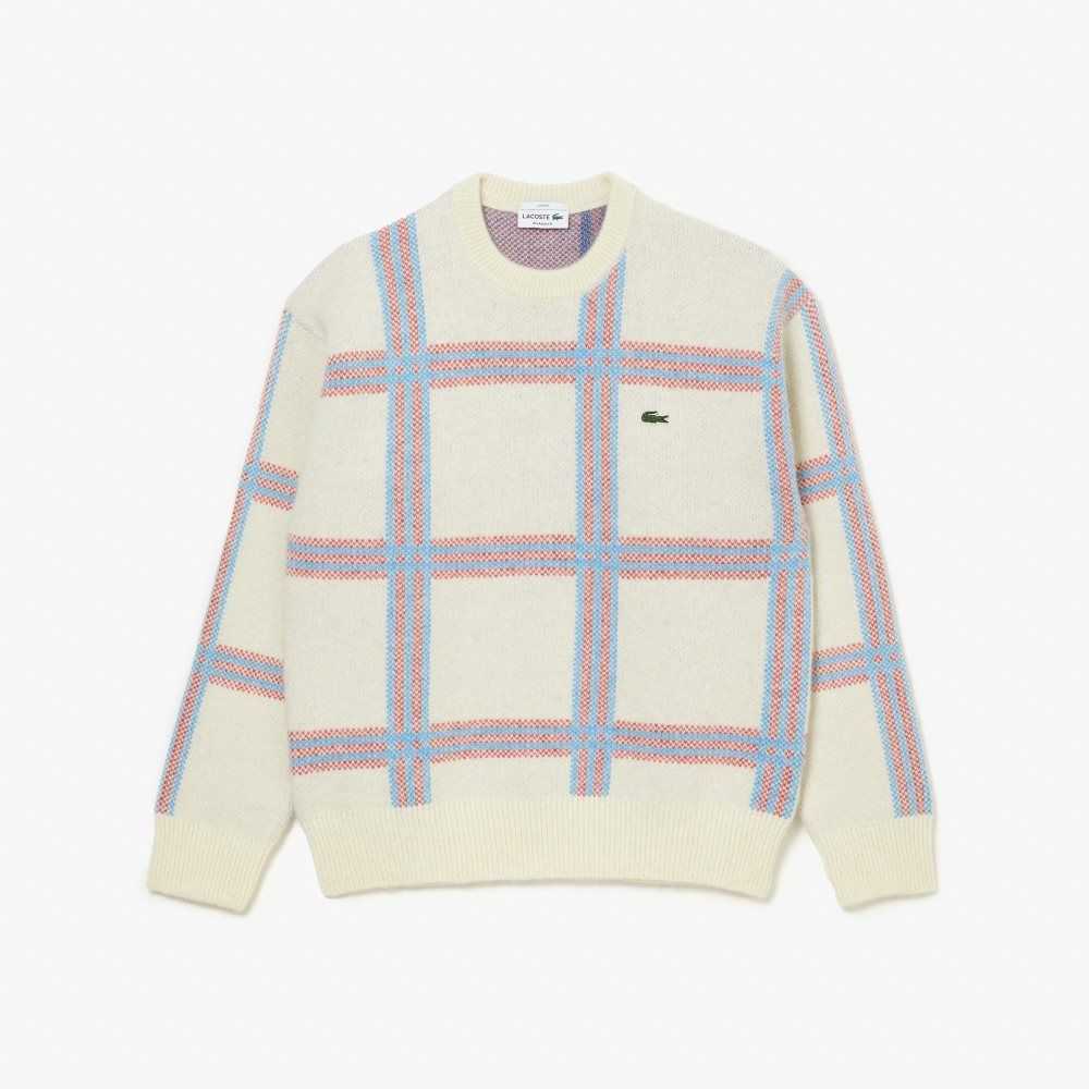 White / Red / Blue Lacoste Relaxed Fit Tartan Pattern Wool Blend Sweater | ILOXYR-187